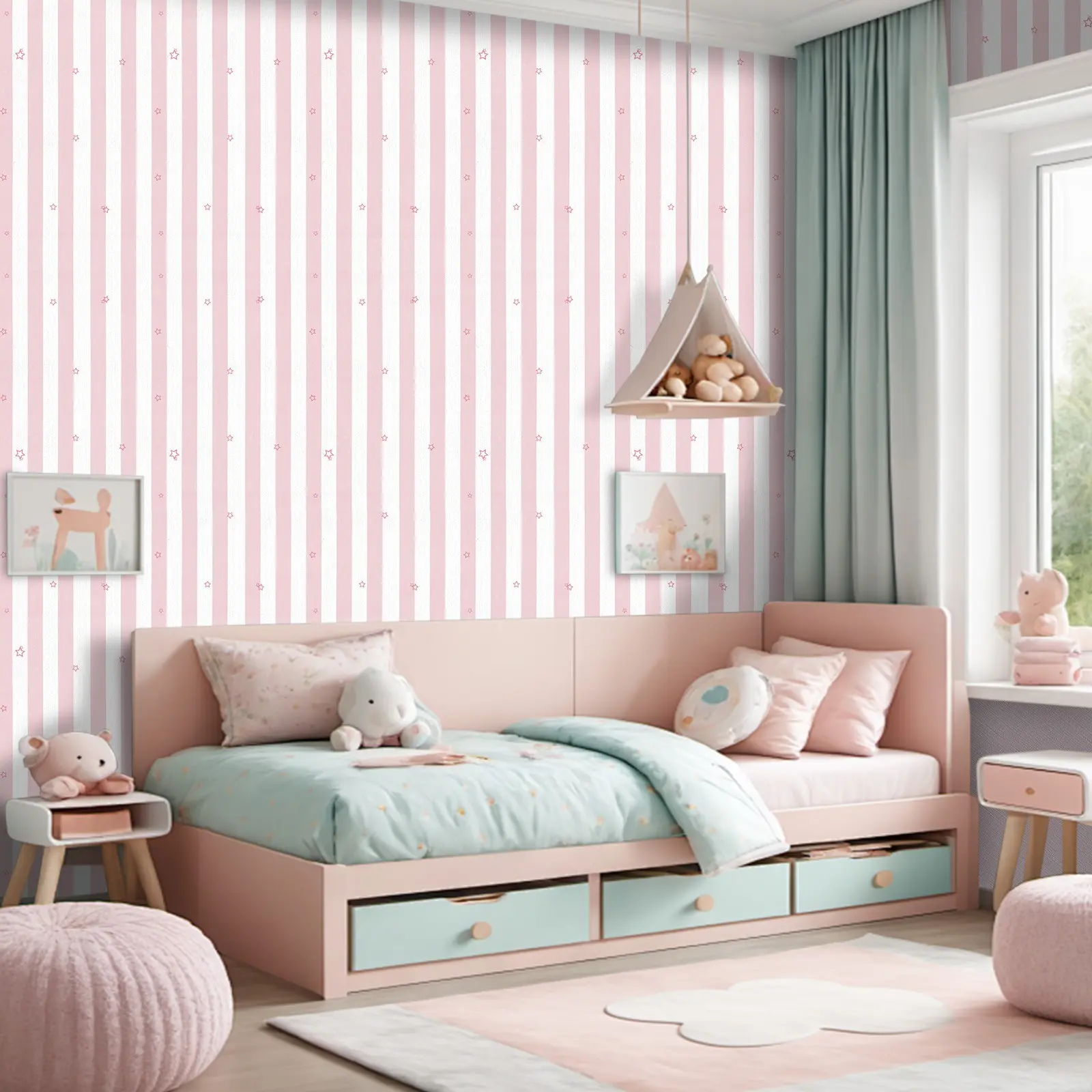 Simple Star Stripe Self-Adhesive Wallpaper, Light Macaron Texture PVC Removable Wall Sticker, DIY Decor for Bedroom Living Room