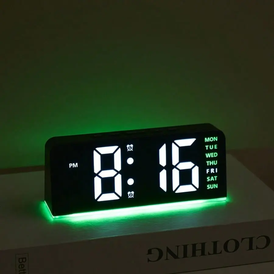 Modern LED digital alarm clock with temperature and date display, USB-powered, adjustable brightness, 12-hour/24-hour format switch—ideal for bedrooms and offices.