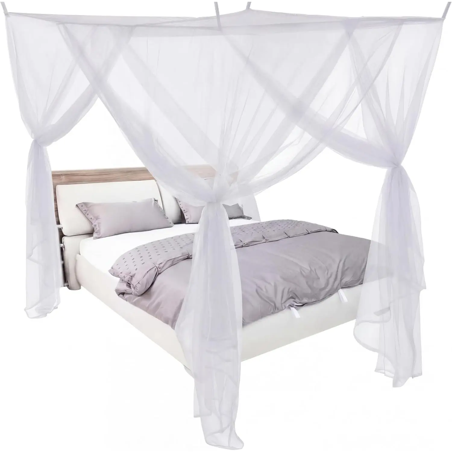 4 Corners White Bed Curtains for Single Twin Full Size, Net Rectangular Bed Drapes for Bedroom Home Indoor Decoration(L79 X W47 X H59 Inch)