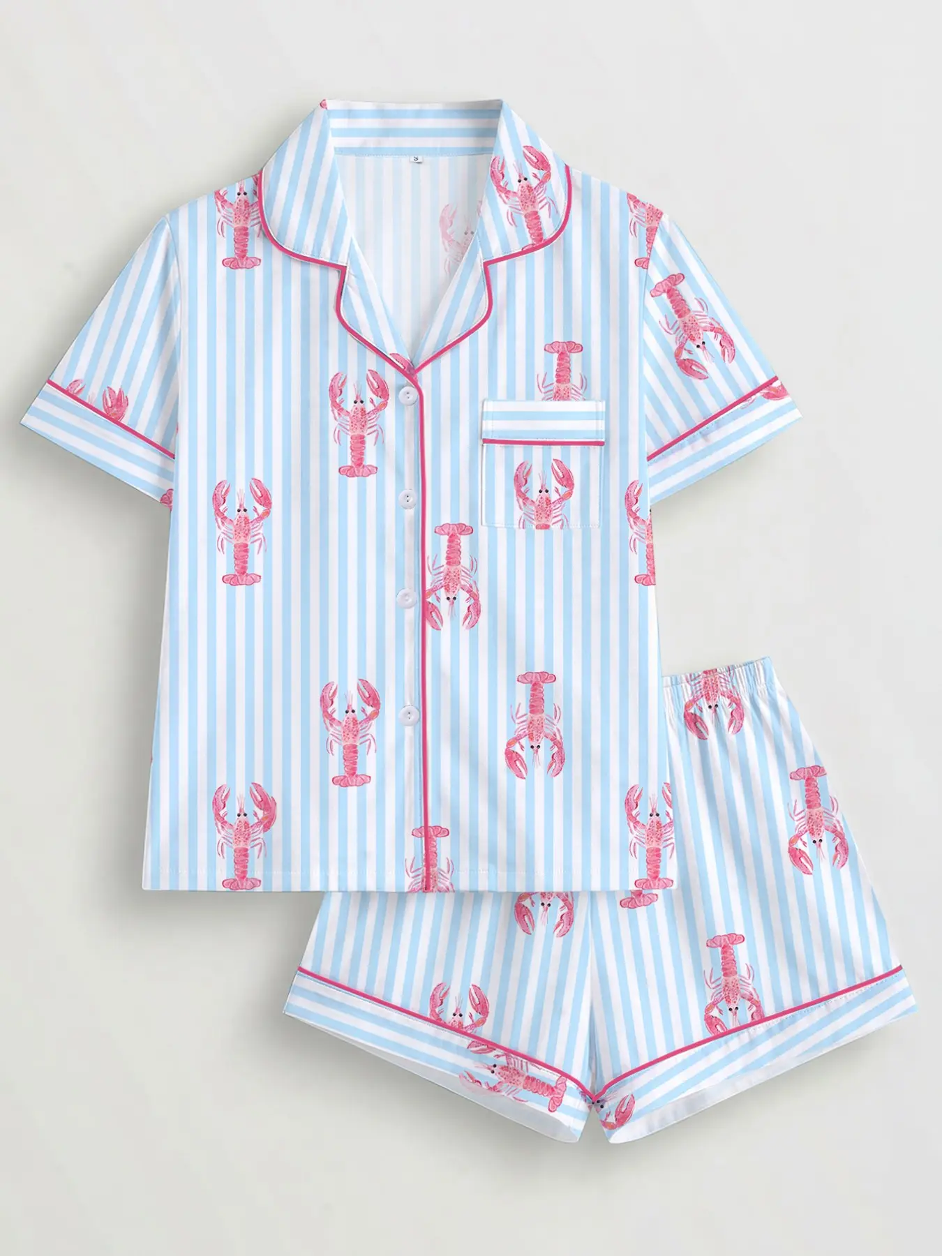 Women's Pajama Set, Striped Lobster Print, Short Sleeve Button Shirt, Elastic Shorts, Casual Home Wear, Comfortable Sleepwear, Loungewear