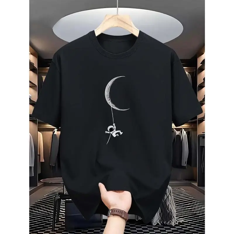 Minimal Astronaut Crescent Moon Sketch Graphic Casual Tee, Relaxed Fit Soft Breathable Short Sleeve Top With Clear Printed Craft, simple womens summer clothing, minimalist summer outfits women, space themed daily wear to enjoy relaxed SummerVibes, lightwe