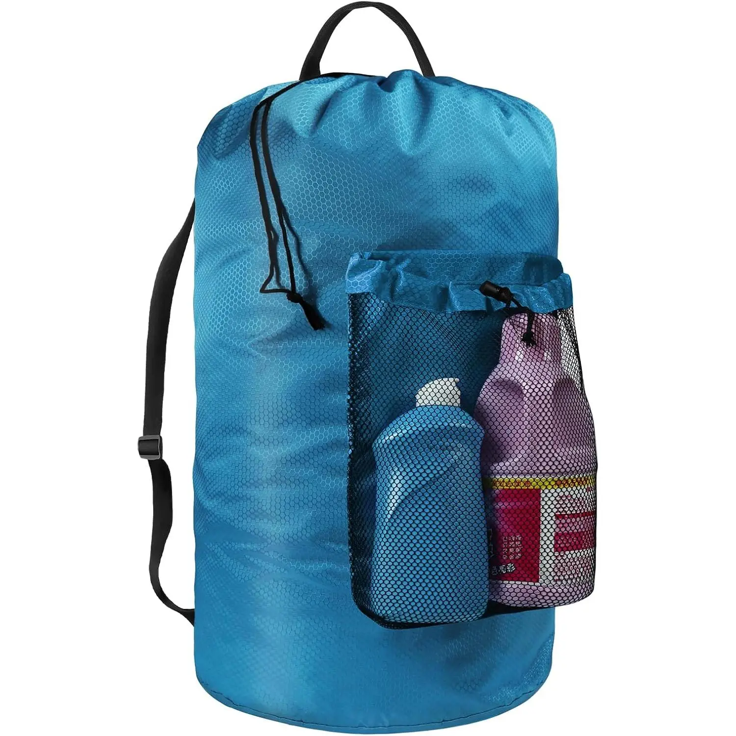 Laundry Bag with Shoulder Straps and Mesh Pocket Laundry Backpack Large Portable Laundry Hamper for College Laundromat Apartment (Light Blue)