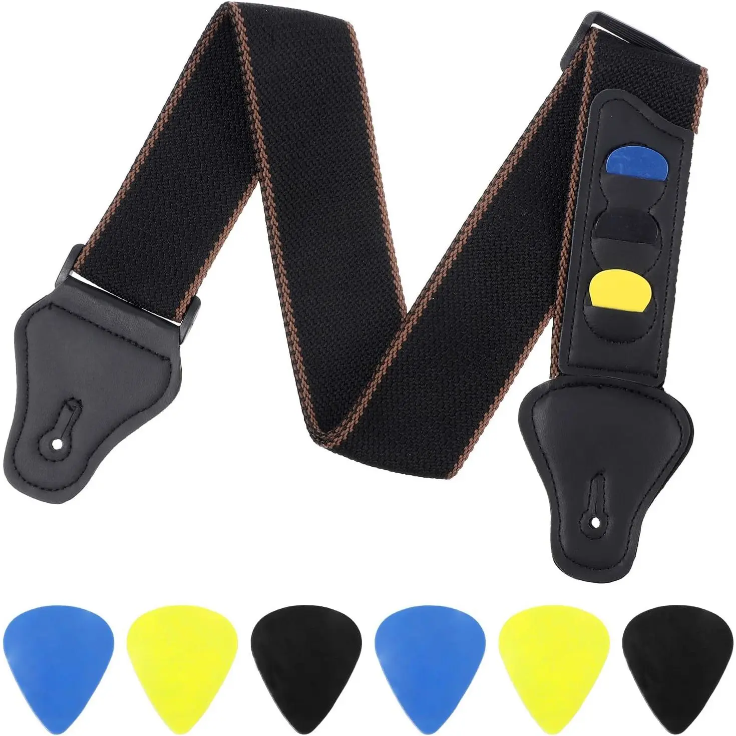 Acoustic Electric Guitars with 3 Pick Holders and 6 count Picks Easy to Install Guitar Strap Guitar Accessories Bass Guitars Strap (Black)