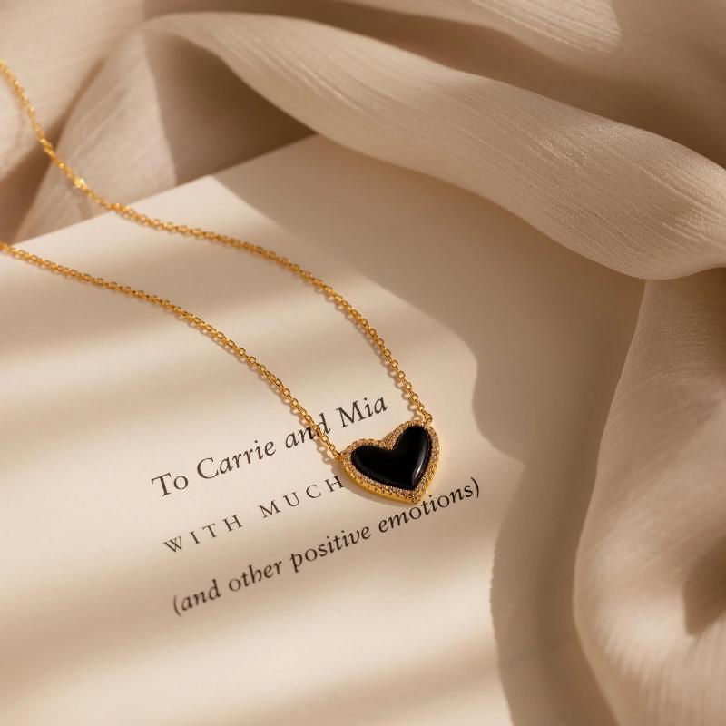Pave Onyx Puff Heart Necklace by Caitlyn Minimalist - Black Crystal Pendant Necklace with Pave Diamonds - Coquette Jewelry - Best Friend Gift.