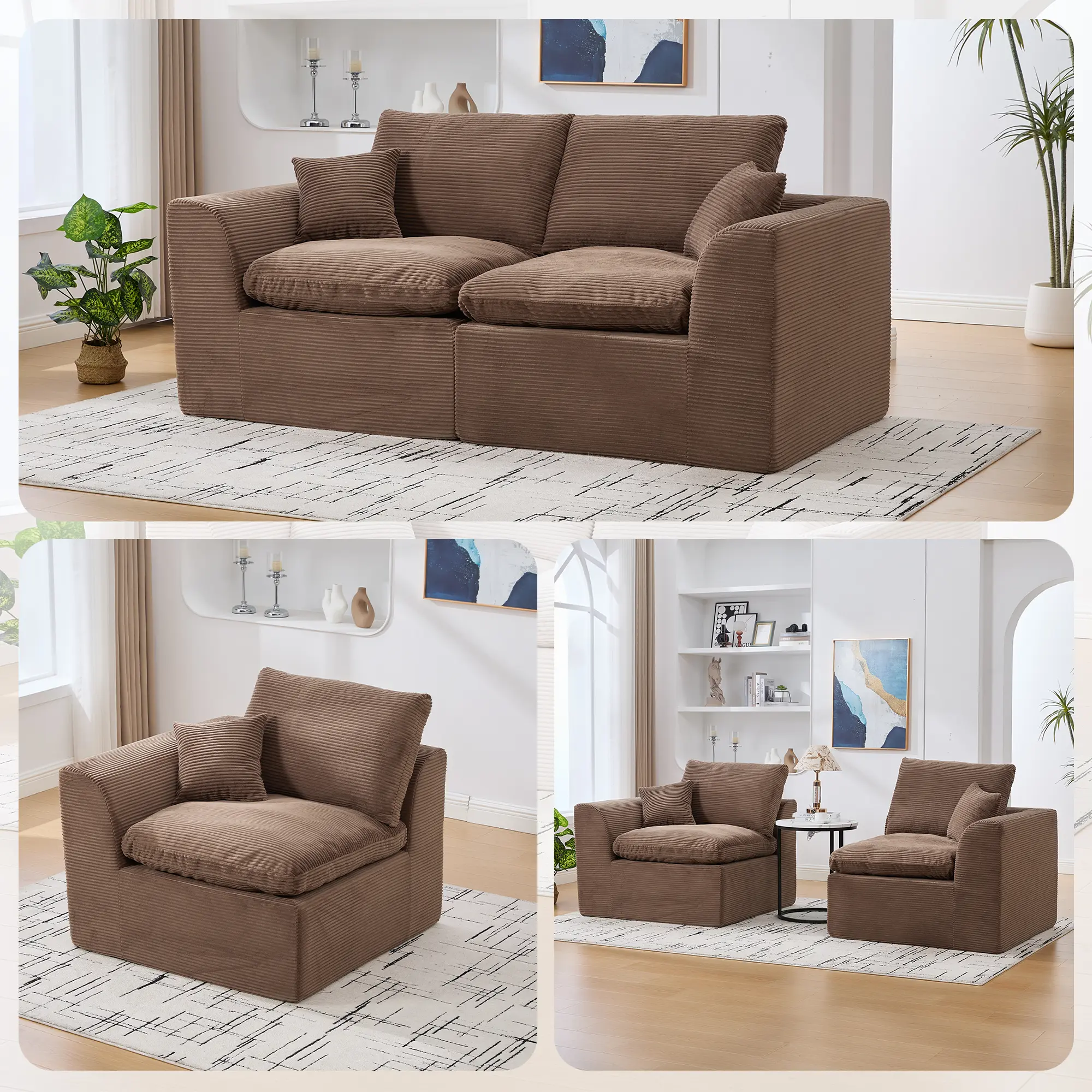 ARCH Modular Sectional Sofa Cloud Couch - 2-Seater Corduroy Indoor Sofa with Removable Cushion Covers, High-Density Foam Filling, Curved Armrests, No Assembly Required for Living Room, Brown, Sectional Couches For Living Room