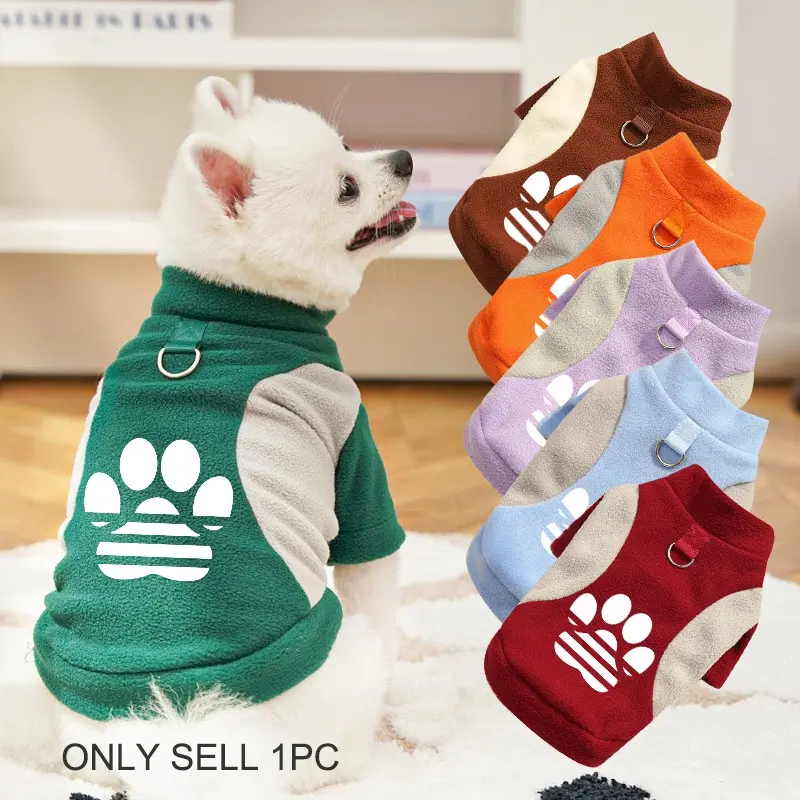 Soft Fleece Dog Puppy Sweater with Leash Ring Cute Paw Print Pet Pullover Warm Winter Clothes for Small Dogs & Cats