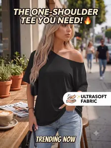 Women's Summer Shoulder-Exposed Sleepwear Set, Loungewear, Loose Fit Basic Short Sleeve T-Shirt, Casual Homewear, Outdoor Use, 1 Piece