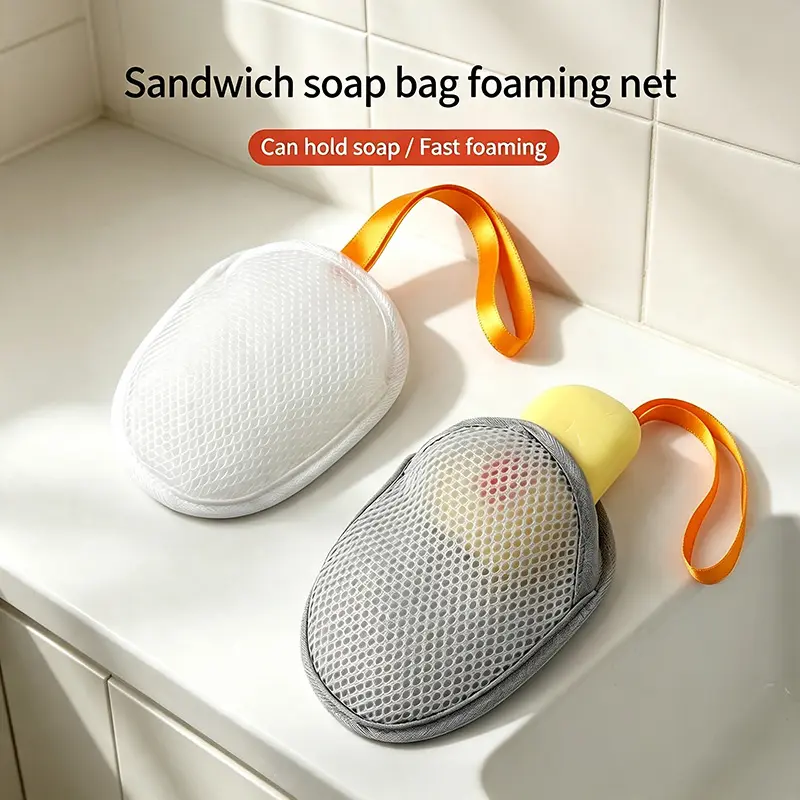 4-Pieces Polyethylene Soap Bag with Mesh Netting, Bath Scrubber, Soft Dual-Sided Lathering Sponge for Indoor Leisure & Outdoor Recreation Use