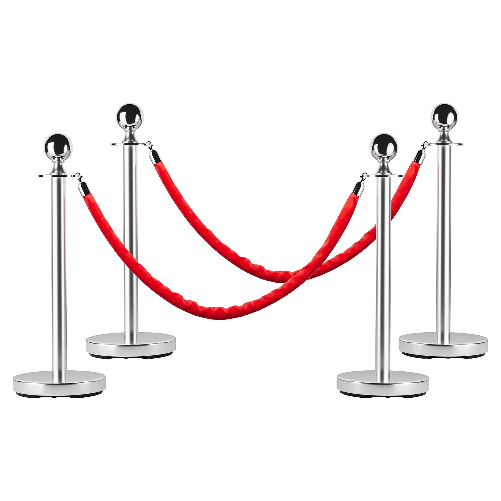 4-Pack 5 ft Each Stainless Steel Stanchion Posts with Crimson Soft Ropes - Rust-Proof Modern Crowd Control Barrier, Fillable Hollow Base, Durable for Weddings, Events, Hotels