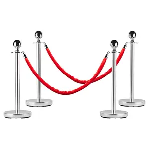 Stainless Steel Stanchion Posts with Crimson Soft Ropes – 4 Pack, 5ft, Rust-Proof Crowd Control Barrier – Durable, Fillable Hollow Base for Events, Parties, Hotels, Museums, Red Carpet