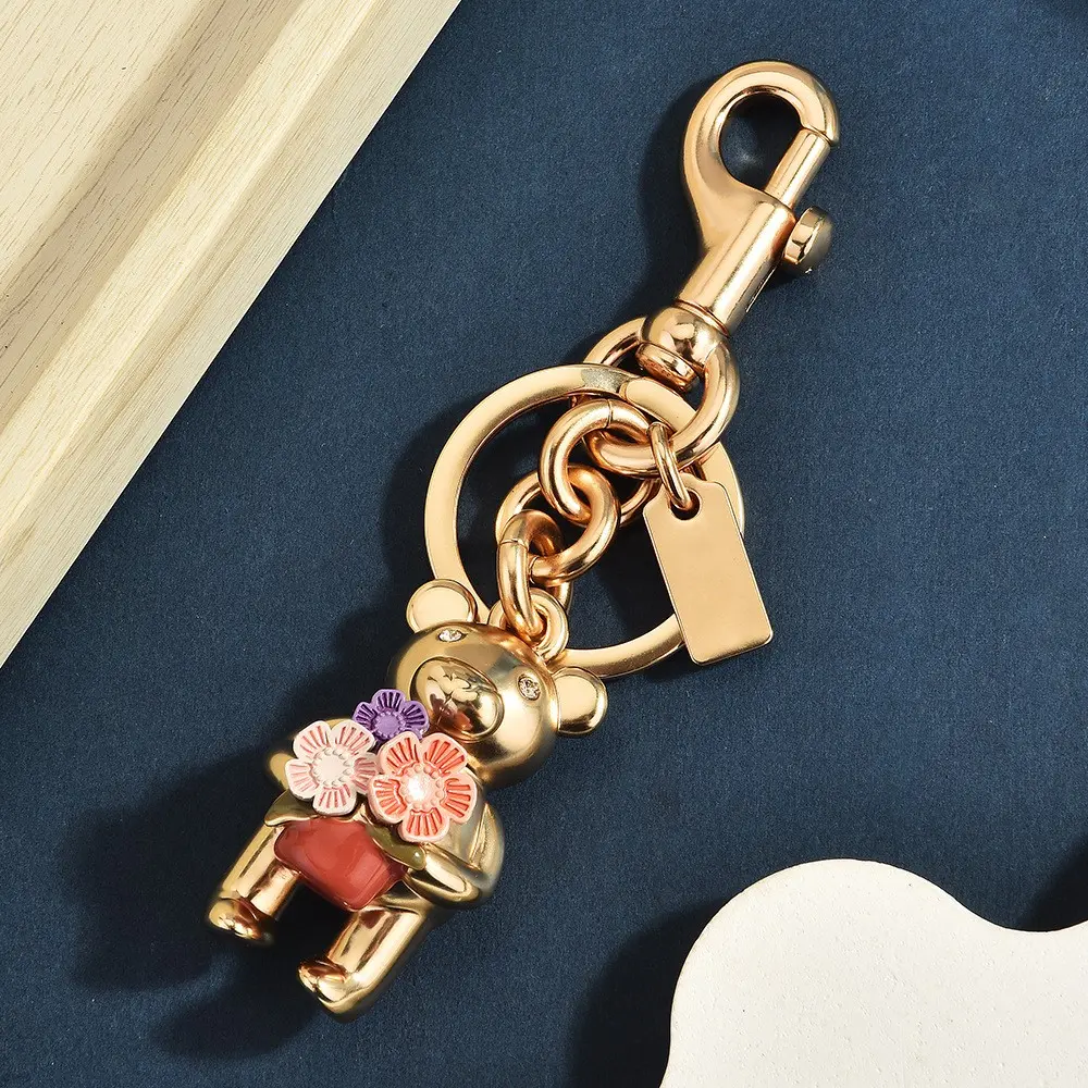 Cute Mini Handbag Keychain, 3D Bear Metal Keychain, Floral Design Luxury Bag Charm, Women's Wallet Accessory, Girl's Handbag Decor, Keychain Charms, Fashion Keychain