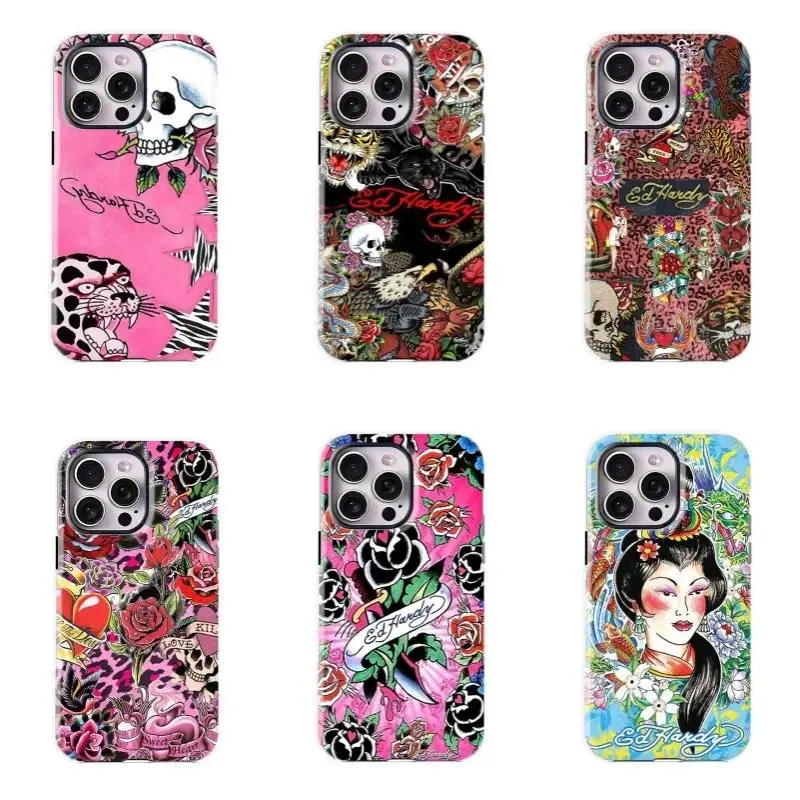 Ed Hardy Inspired Skull & Rose Phone Case, Punk Y2K Vintage Aesthetic Phone Protection, Compatible with iPhone 11-17 Pro Max/Plus, Samsung Galaxy S21-S26