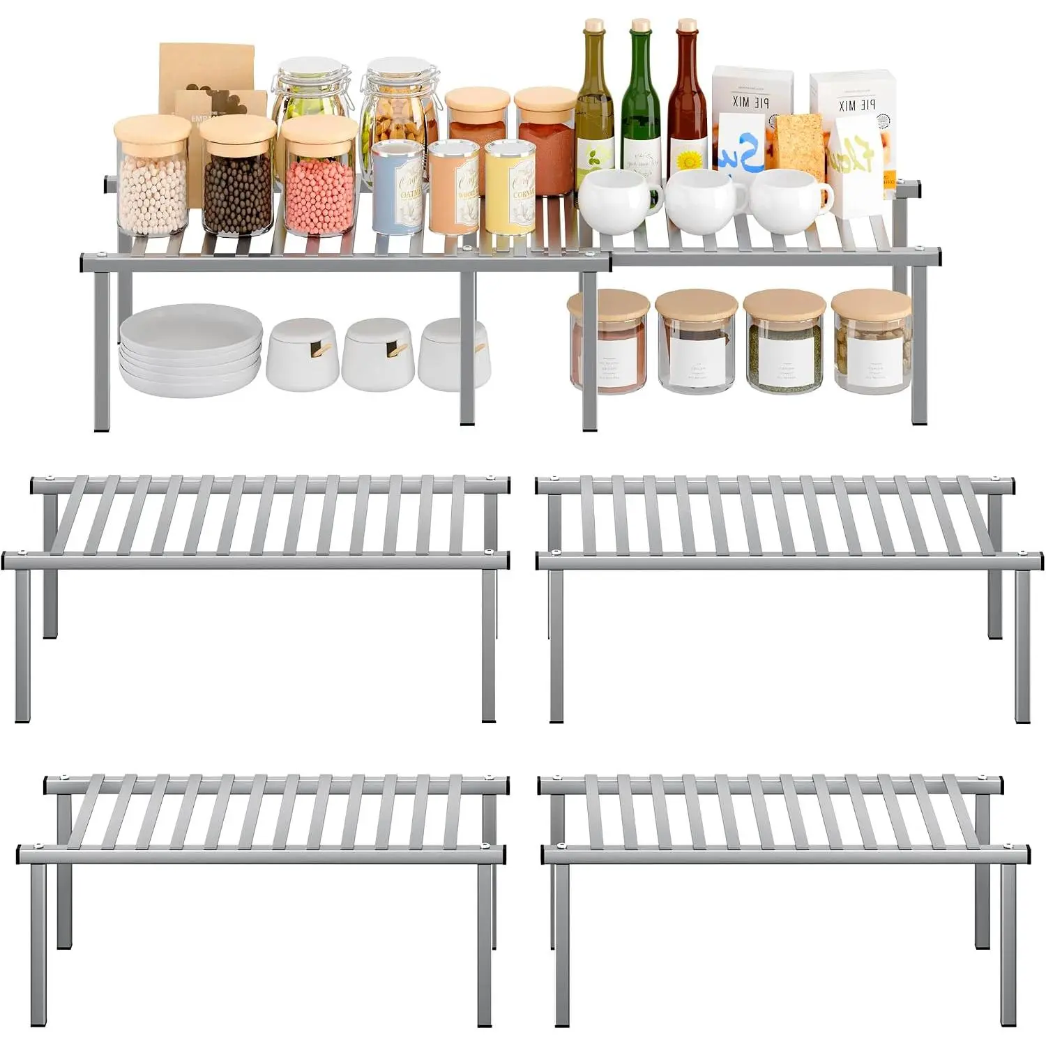 Expandable Cabinet Organizer Shelf, Set of 4, Gray | 15.8 inches Expandable, Stackable Wire Shelf,  Rack, Metal Pantry  for Plate Dish, Kitchen Counter Shelves