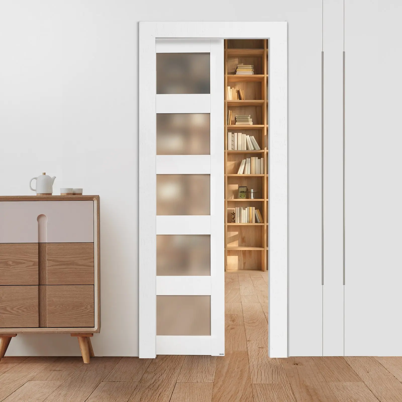 VEVOR Sliding Pocket Door, 30" x 80", 5-Lite Frosted Glass Single Sliding Door with Hardware Kit, Sturdy Solid Wood MDF Pocket Doors Slab with Waterproof Surface for Bedroom Kitchen Study Room