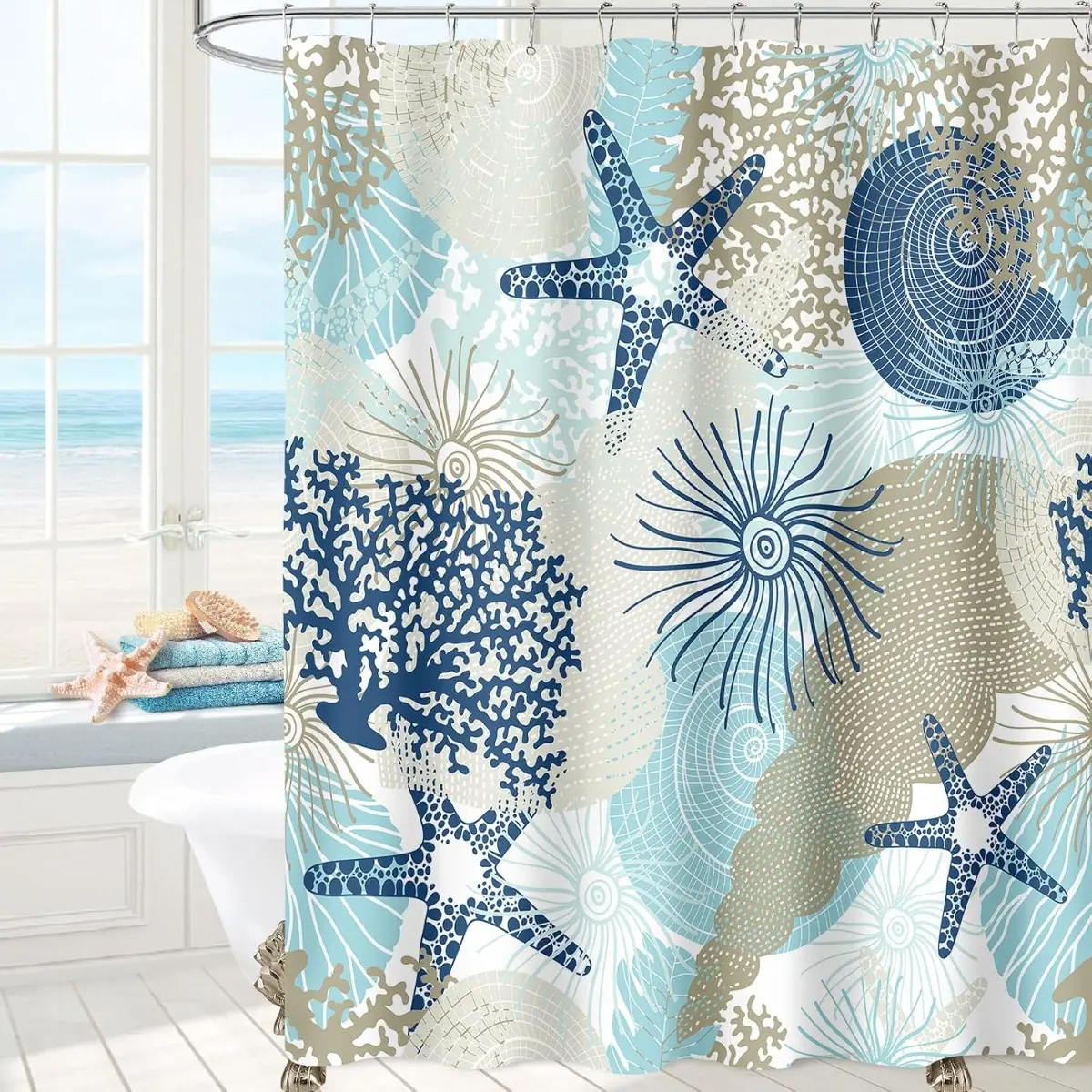 Beach Ocean Themed Shower Curtain, Nautical Coastal Bathroom Decor Curtain, Summer Tropical Seashell Starfish Coral Fabric Shower Curtain Set with Hooks, Teal Blue Tone
