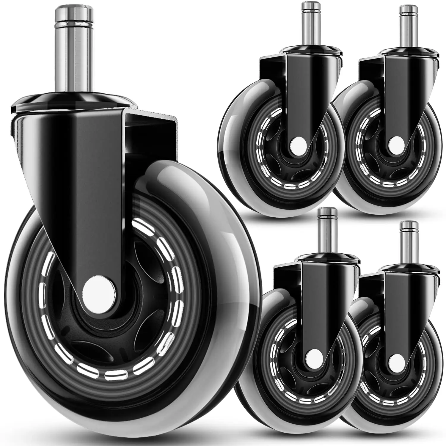 Office Chair Replacement Rubber Wheels - 3-in Universal Fit Swivel Casters, Heavy-Duty Use, Silent Smooth Rolling, 650 lbs Capacity, Industrial-Grade Steel Construction, 7/16-in x 7/8-in Stem, Polyurethane, Precision Ball Bearings for All Floors