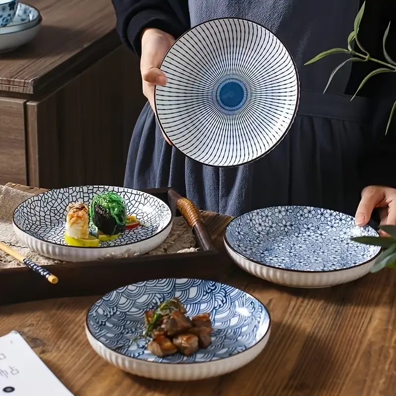 4 Piece Ceramic Dinnerware Set, Japanese Style Geometric Plates, Sushi Dishes, Pasta Bowls, Home Use, Elegant Tableware Collection