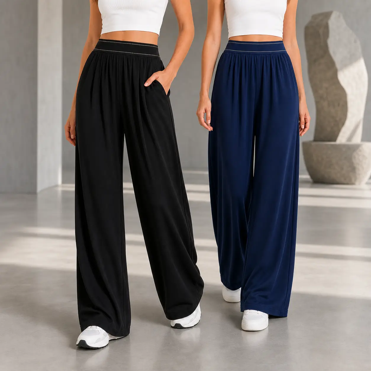 Women's wide leg yoga style women's wide leg pants yoga front fold loose elastic waist sports straight pocket soft black casual women's sportswear women's sportswear shirt basic slim fit daily wear lightweight summer wear