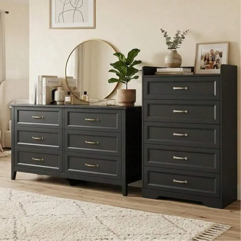 2-Piece Bedroom Furniture Set, 2-PC Dresser Set For Bedroom, Includes A 5 Drawer Dresser And A 6 Chest Of Drawers, With Smooth Rail, Handles, Anti-Tipping, Large Storage Space, Black