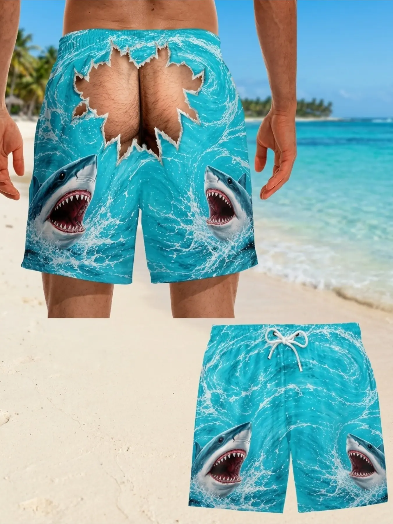 Men's Shark Attack Pattern Swim Trunks, 3D Ripped Back Design, Surf Shorts with Drawstring Waist, Printed Swim Trunks, Perfect for Pool Parties and Beach Vacations