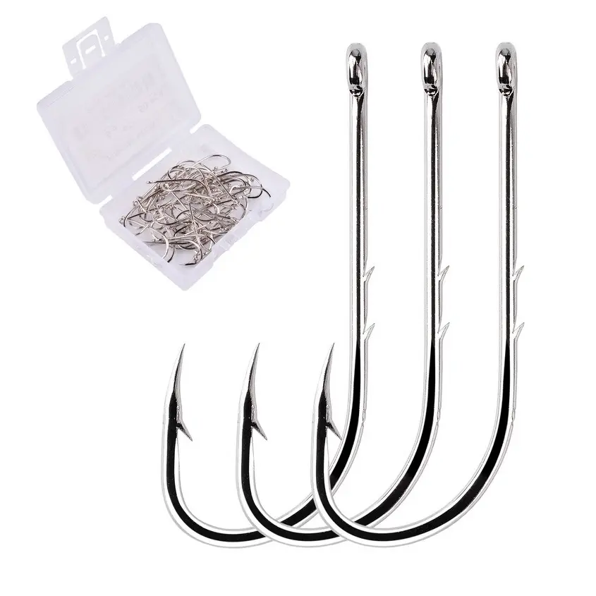 50PCS Long Shank Bait Holder Hooks – High Carbon Steel Live Bait Hooks with Double Shank Barbs, Straight Shank Barbed Fishing Hooks for Saltwater & Freshwater Bass, Catfish, Trout