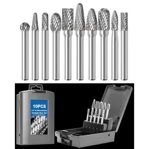 10 count Carbide Burr Set 1/4 Shank w/Grey Box Max  Dia 10mm   Bits Rotary Tools Attachment Kit Rasp Accessories Metal  Stone Steel Grinding Deburring  Porting Carving