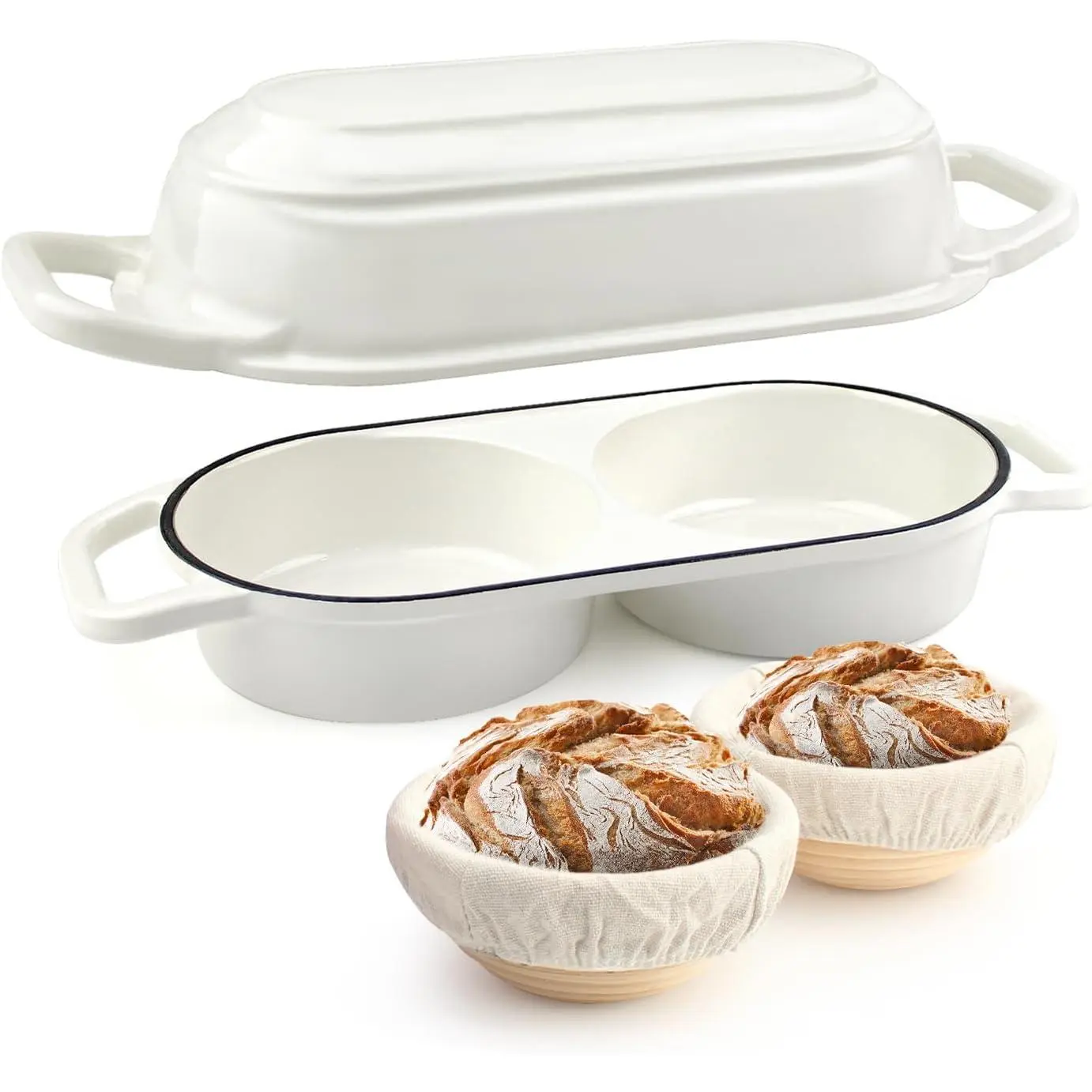 Mini Double Dutch Oven for Sourdough Bread Baking - Enameled Cast Iron Dutch Oven Pot with Lid and 5" Banneton Bread Proofing Basket Kit, Dual Round Bread Loaf Pan for Homemade Baking (White)