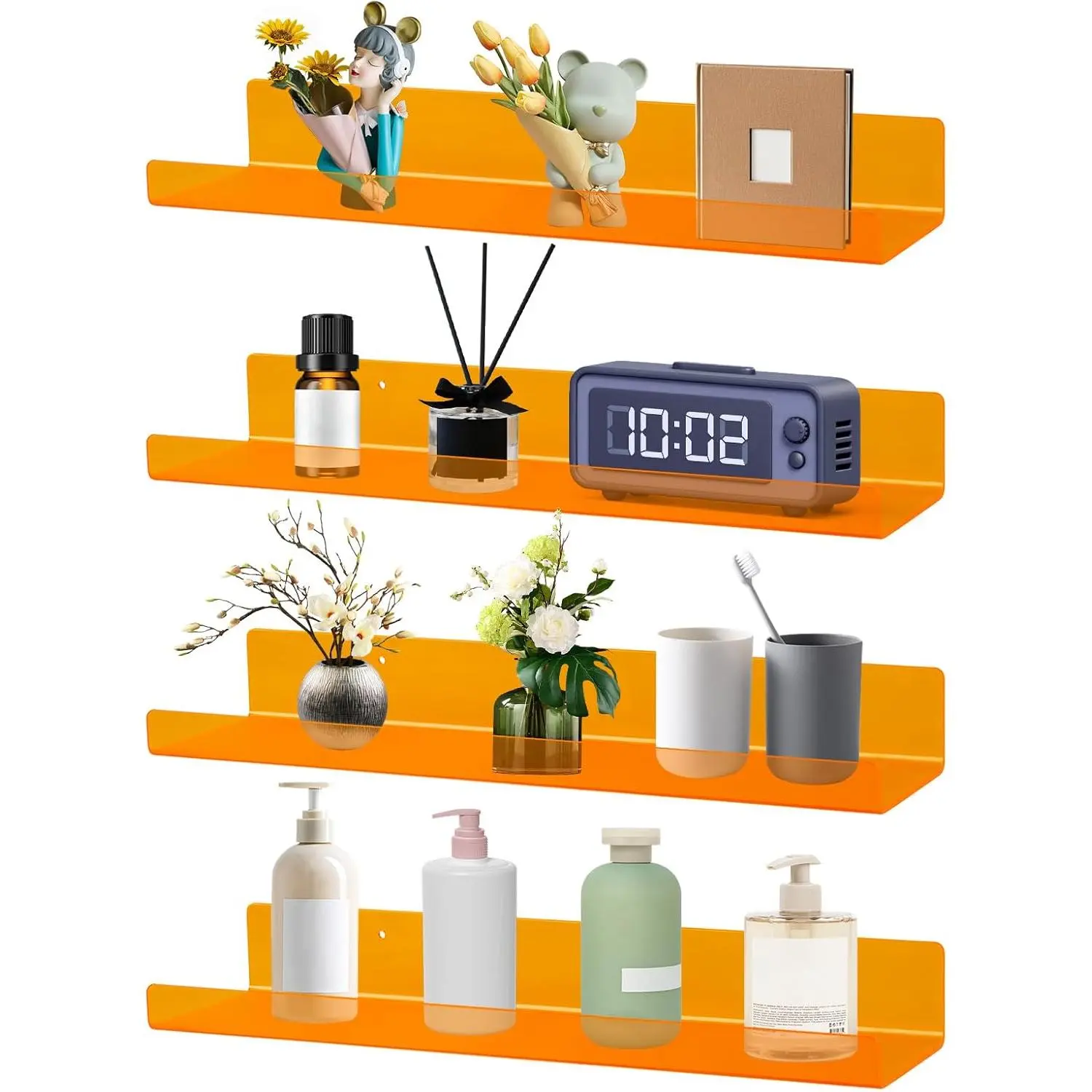 4 Pack  Shelves for Wall, 15"  Floating Shelves for Bathroom Bedroom, Invisible Bookshelf Wall Ledge Storage Shelf Books Perfume Toys Action Figure Display Shelves, Clear Orange