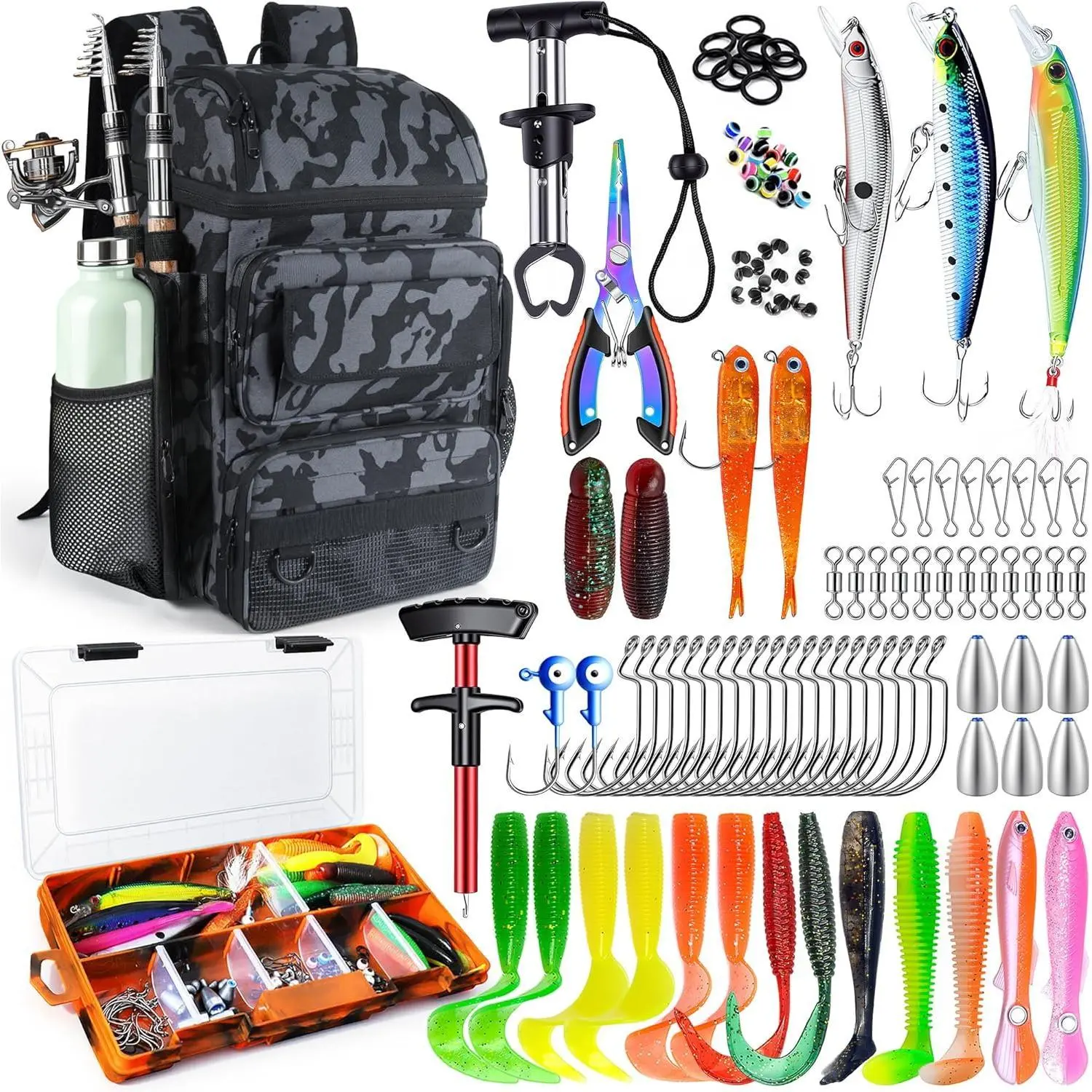 Fishing Backpack with Tackle Boxes,45L Large Waterproof Fishing Bag with Fishing Gear,Fishing Gifts for Men Women,Gear Combo Kit,Camouflage Black