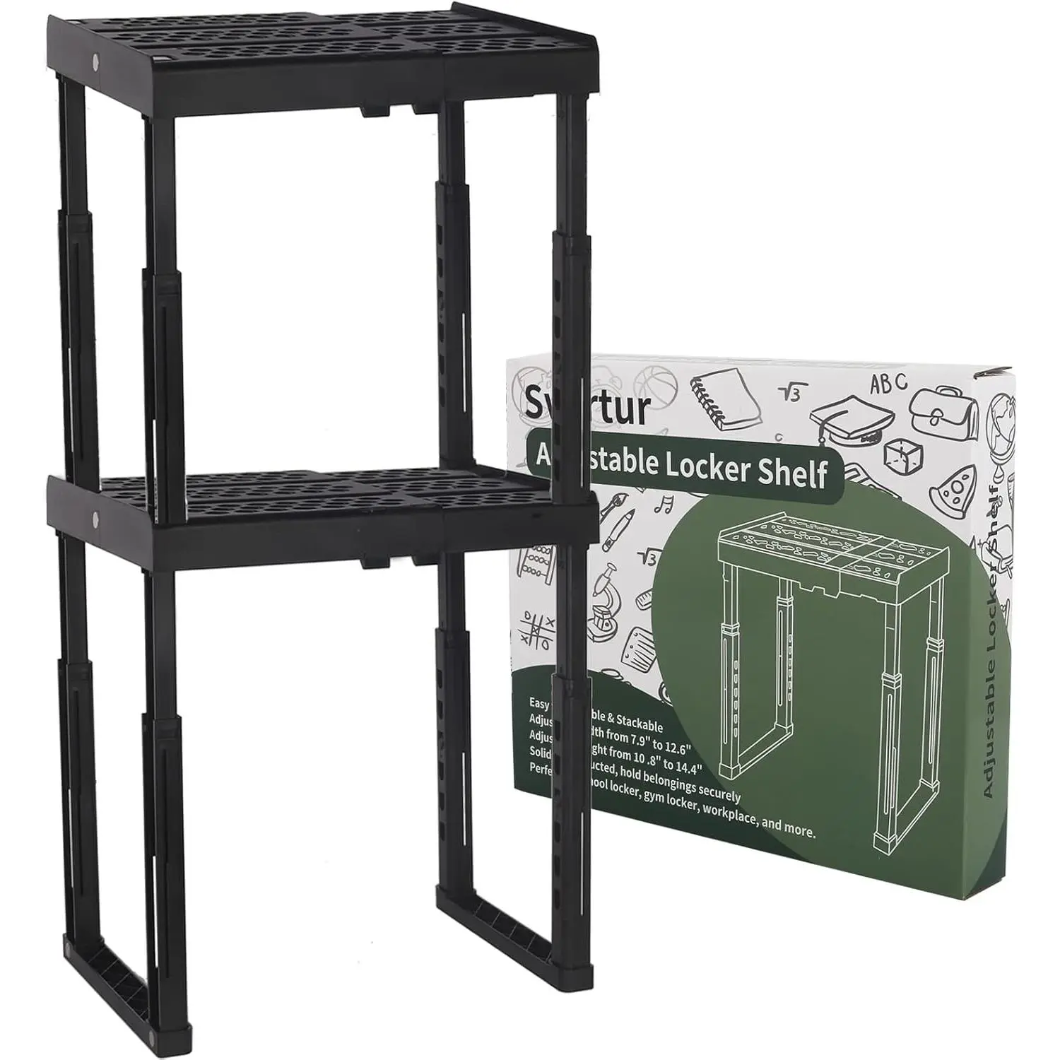 Svartur Locker Shelf Adjustable Height and Width, Locker Organizer for Work, Locker Shelves for School Locker, Stack-able Locker Stand Tools for Gym Locker, Locker Accessories Stuff, Black, Pack of 2