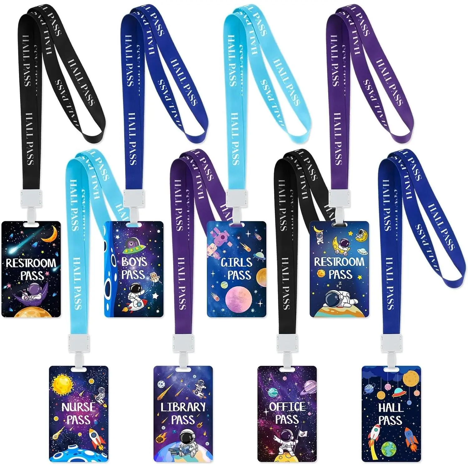 8 Set PVC Hall Pass Lanyards Outer Space Unbreakable School Passes Teacher Supplies for Classroom Elementary Middle School Bathroom Library Office Nurse