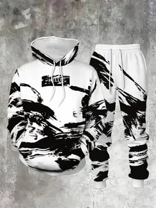 Men's Fashion Casual Tracksuits Ink Wash Print Set, 2-Piece Polyester Suit, Hooded Tracksuit, Hooded Sweatshirt with Pockets, Long Pants, Outdoor Sports, Fall & Winter