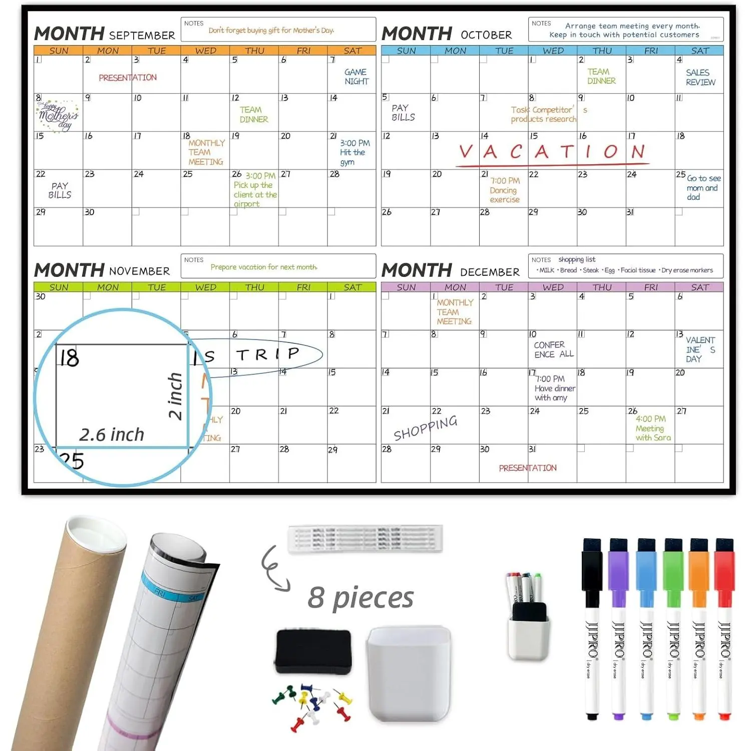 Dry Erase 4 Month Wall Calendar - 38x26 Inches - Blank Undated 4 Month Dry Erase Calendar for Wall-Premium Laminated Whiteboard Planner-Reusable 4 Month Jumbo Office Calendar