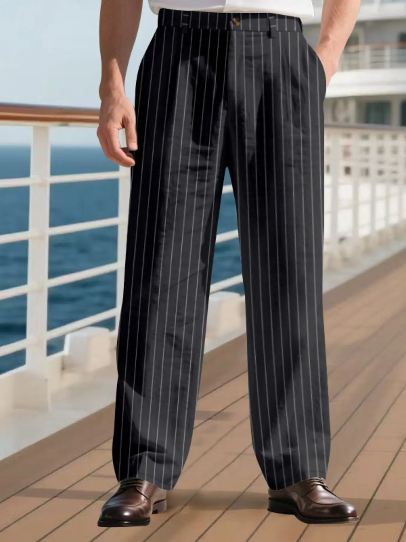 Men's vertical-striped straight-fit casual pants - linen texture pleated business casual pants - breathable and loose, slimming and elongating the legs. Perfect for commuting, vacation, and daily wear, versatile for all occasions.