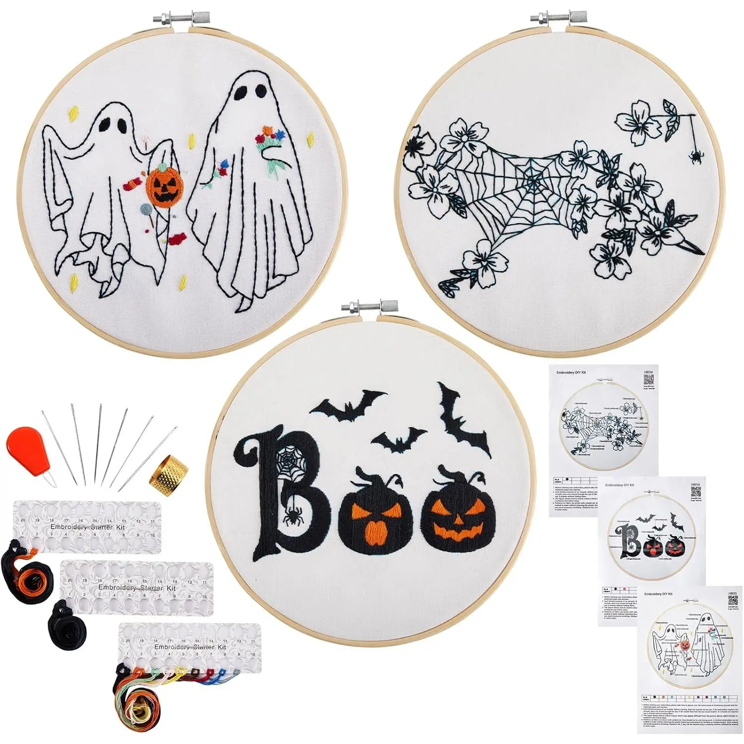 Halloween Embroidery Kit for Beginner Adult, Stamped Counted   Kit for Adult Beginner, Hand Embroidery Starter Kit with  Needlepoint Kit, 3 Embroidery Hoop and Fabric, , Thread