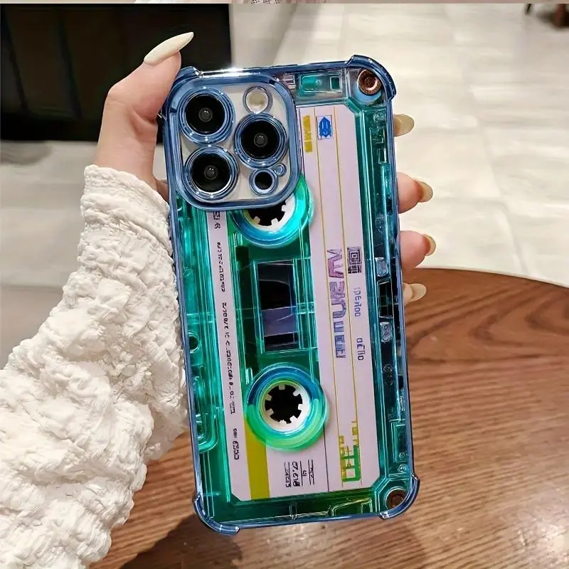 Phone Case - Unique blue-green transparent cassette-inspired phone case, compatible with iPhone 17,16,15,14,13,12,11,Pro,Max,Plus Phone Cover. Shock-resistant transparent soft case.