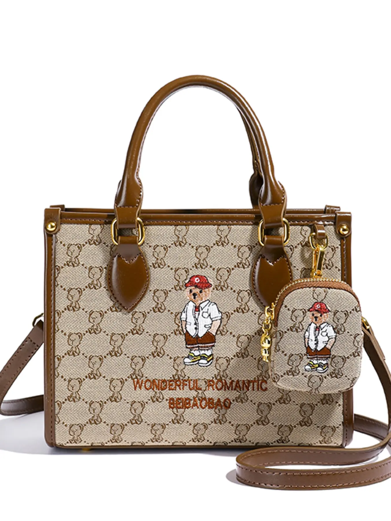 Women's Vintage Embroidered Bear Mini Tote Bag, Dual-Use Handbag with Coin Purse, Adjustable Strap, Fashion Crossbody for Daily Commute