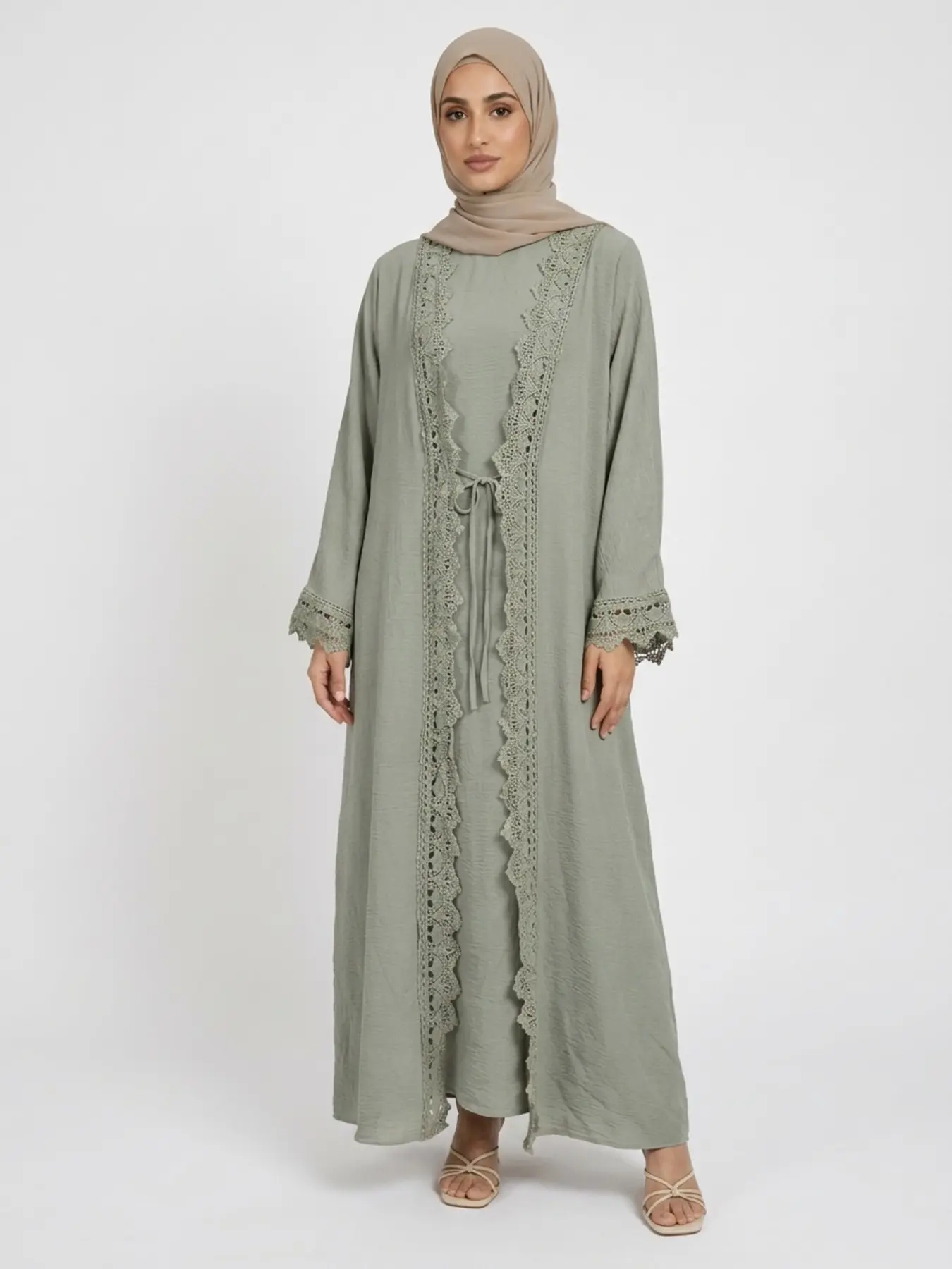 Women's Elegant Traditional Two-Piece Set, Tie Front Abaya & Pocket Tank Dress, Elegant Islamic Clothing, Muslim Clothing, Modesty Wear, Modest Muslim Outfits
