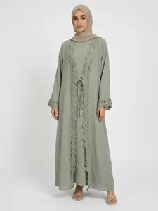 2-Piece Floral Abaya Set with Tie Design, Pocketed Vest Dress Innerwear, Elegant Traditional for Women