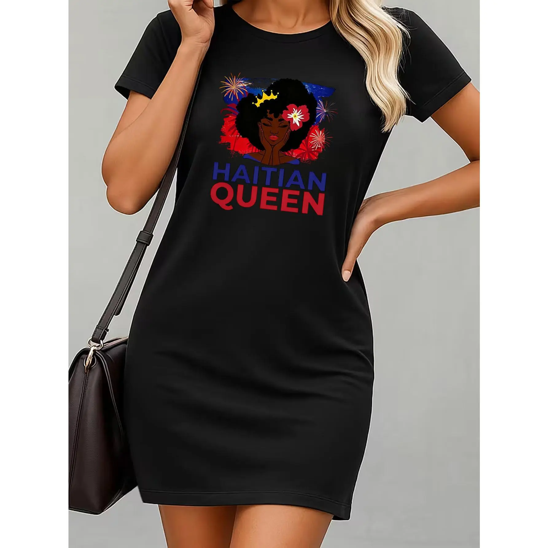 Women's Haitian Queen Print T-Shirt Dress - Short Sleeve Round Neck Loose Fit Dress with Haitian Queen Pattern, Machine Washable Casual to Dressy Outfits Suitable for Summer, Spring, Fall for Themed Events, Parties & Casual Attire