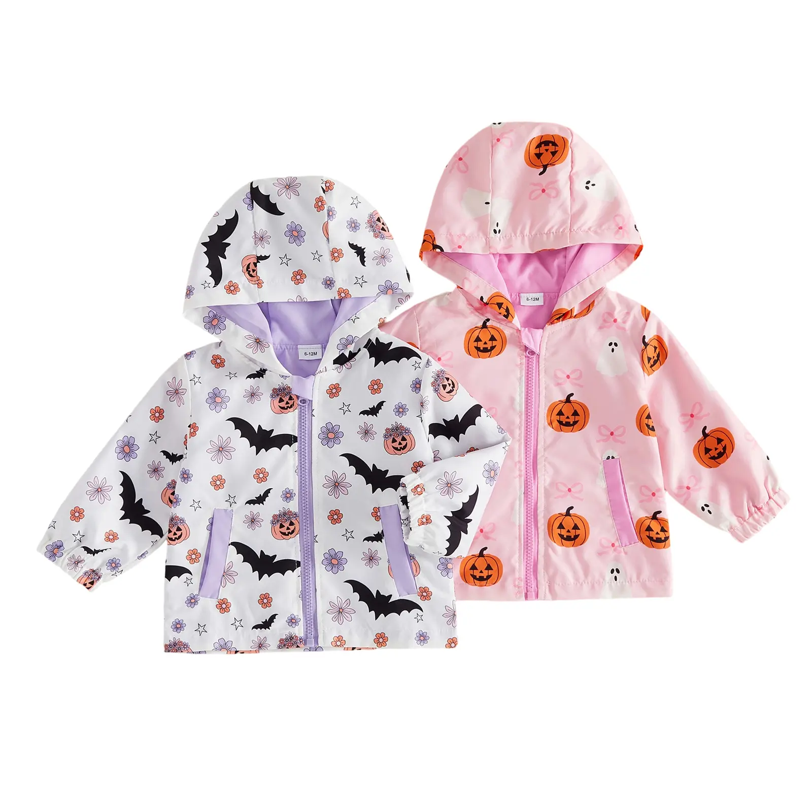 Canrulo Toddler Baby Little Girl Halloween Jacket Pumpkin Ghost/Flower Bat Print Hooded Long Sleeve Coat Zipper Outerwear Fall Clothes 6M-4T