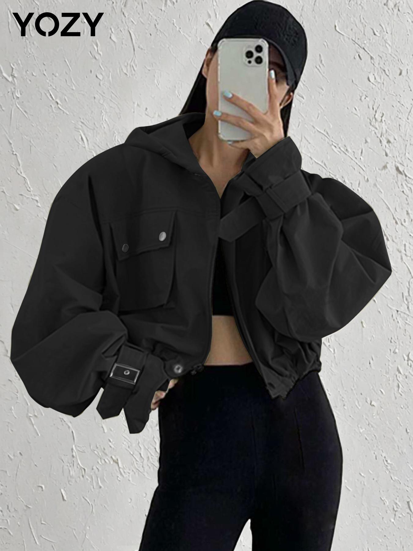 YOZY Women's Solid Button Pocket Zipper Hooded Trench Coat, Casual Drop Shoulder Long Sleeve Outerwear for Fall & Winter, Ladies Clothes for Daily Wear