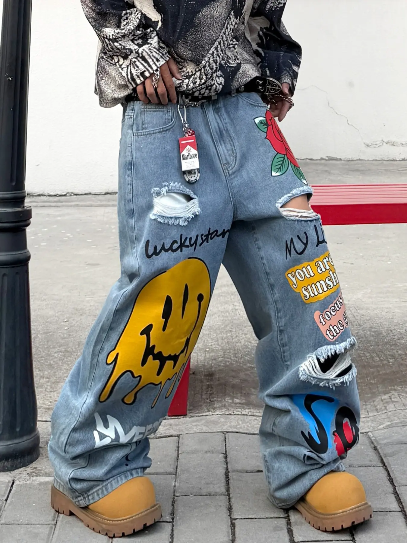 Men's Vintage Washed Blue Jeans, Ripped Holes Smiley Face Print, Y2K Streetwear Fashion, Loose Fit, Spring & Fall, No Belt Included, Graphic Jeans