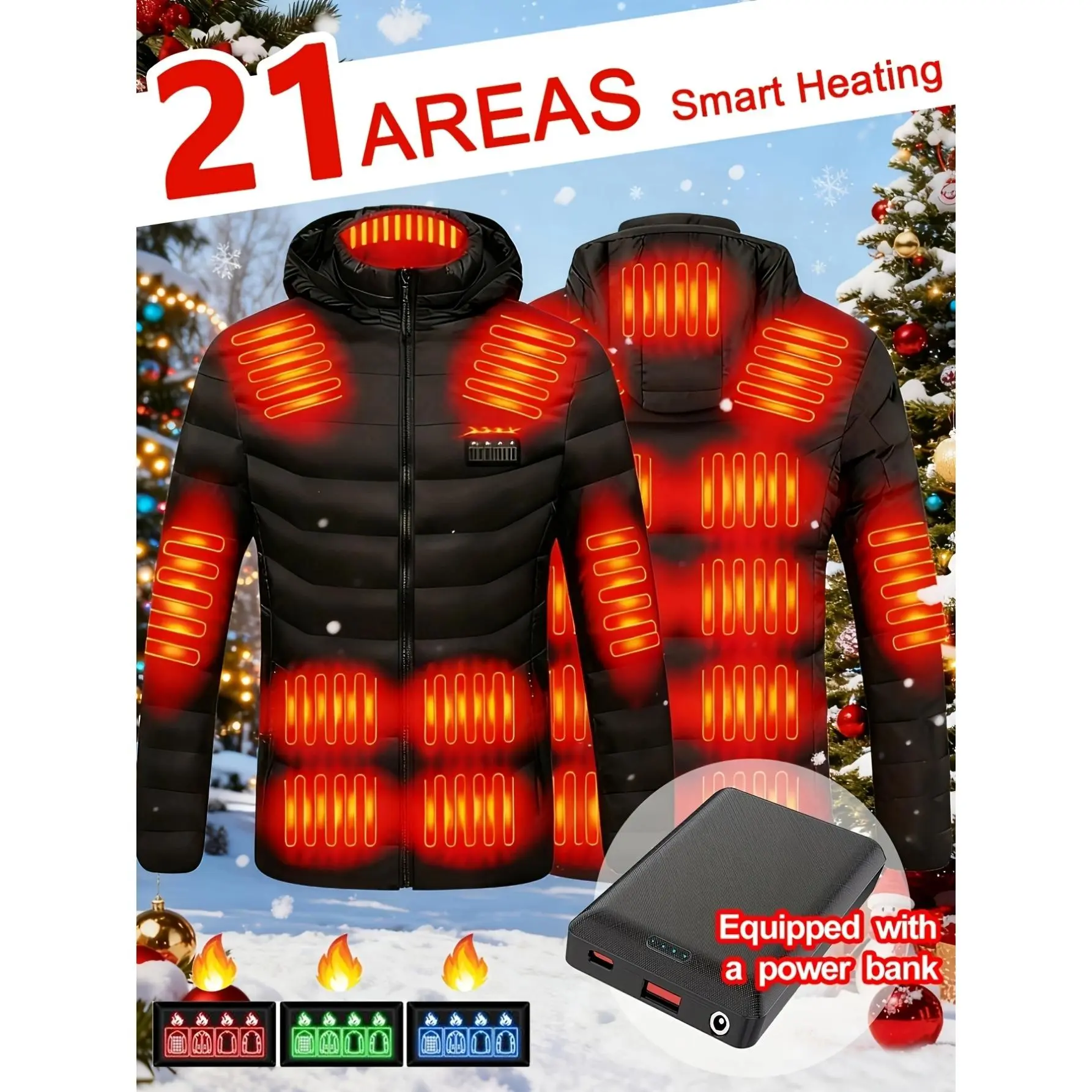 21 Areas Heated Jacket Men Coats quipped with a 10000mAh power bank USB Self Heated Clothing Winter Ski Camping Heated Jacket 3-Temperature Settings