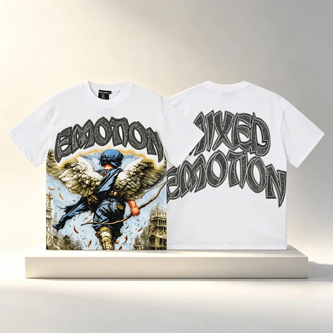 Trending MIXED EMOTION Rhinestone Graphic Cotton T-Shirt Oversized Boxy Fit Y2K Hip Hop Streetwear Tee Heavyweight Loose Crew Neck Diamond Print Short Sleeve Top Casual Summer Outfit Unisex Men Women Gift
