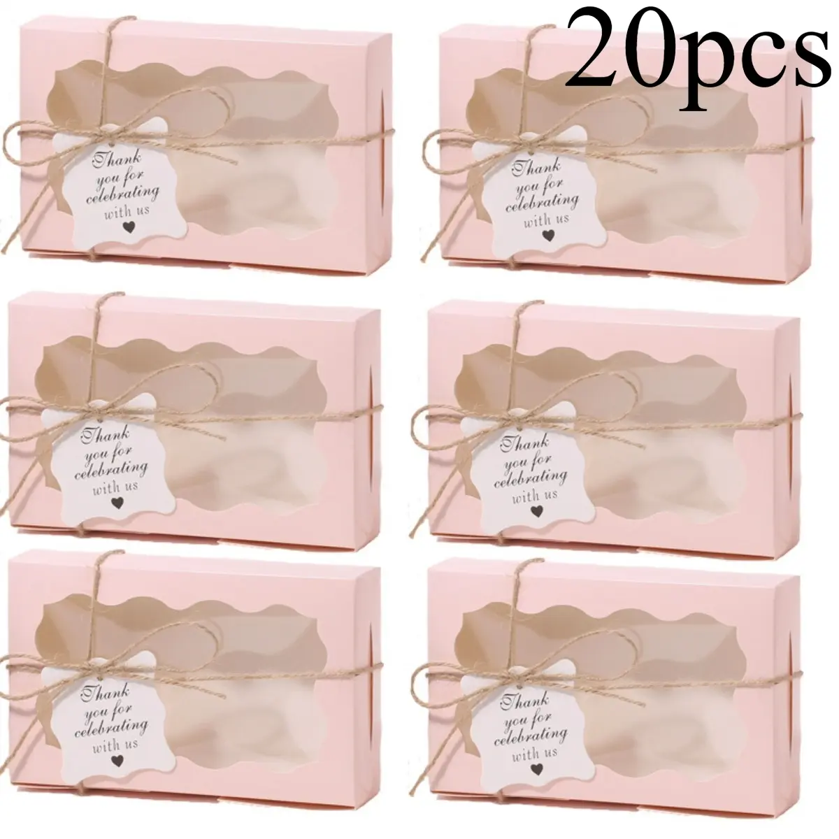 20 gift packaging boxes, transparent windowed kraft paper boxes, equipped with hemp rope and hangers, suitable for cakes, cookies, egg tarts, and small baking boxes, Cupcake Boxes