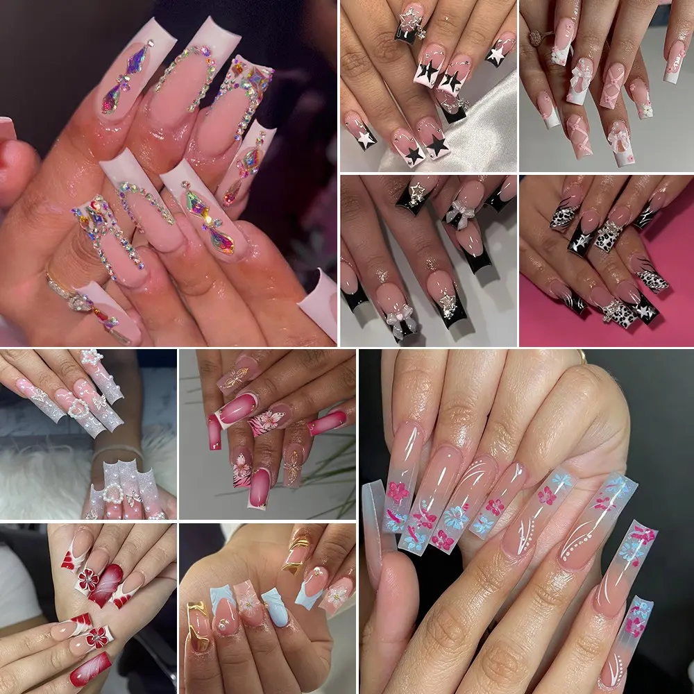 240 Medium Square Press-On Nails, 3D Gel Petal Design, & French Tips, Pearl & Bead Accents, Perfect for Daily Use & Parties