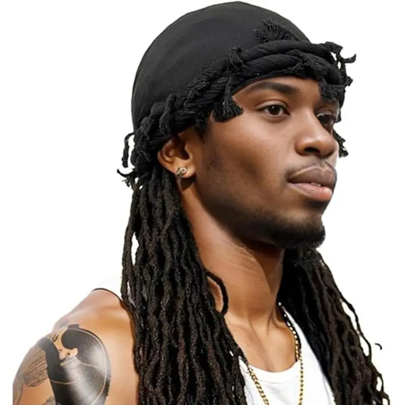 Men Desert Turban Head Wrap Long Tail Durag Tassel Shemagh Headband Baddie Streetwear Headwrap Hip Hop Pirate Cap Bandana Headscarf Black