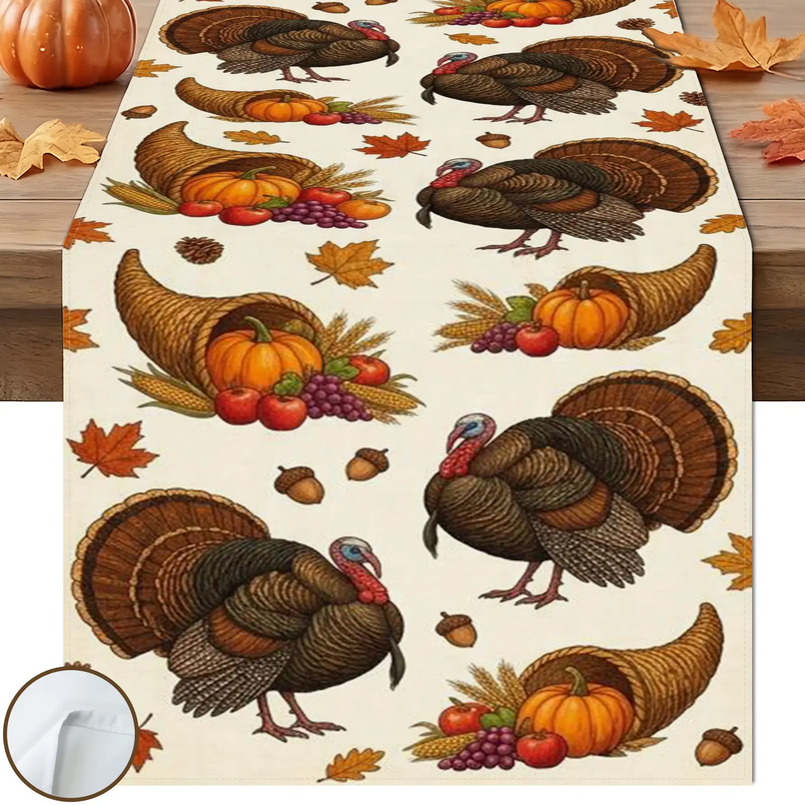 1pc Turkey Cornucopia Table Runner, Vintage Oil Painting Style, Beige Turkey Cornucopia Grape Pumpkin Maple Pattern, for Thanksgiving Table Decor.