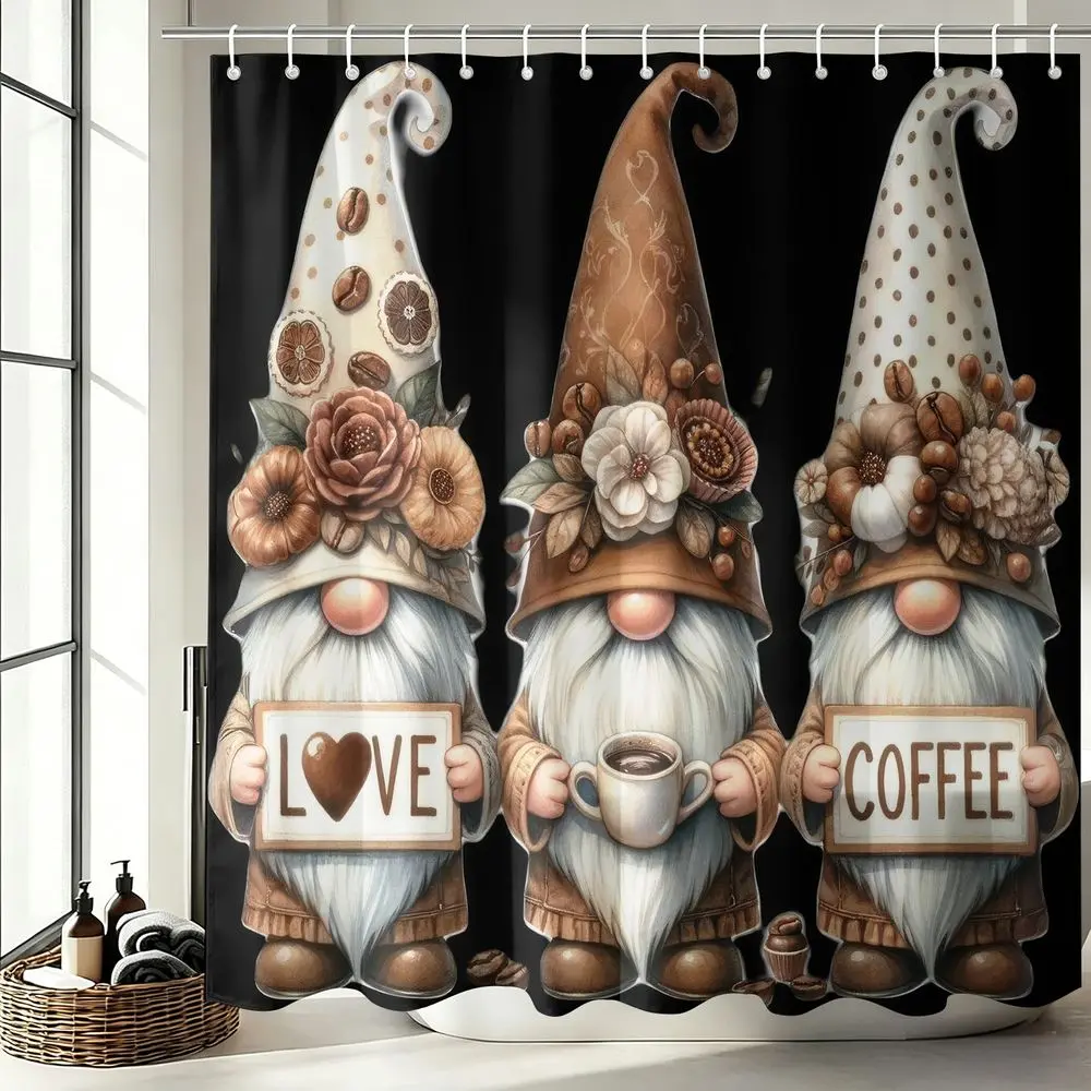 1Pcs Boho Coffee Gnome Shower Curtain, Waterproof Cloth Fabric Bathtub Privacy Curtain, Cute Farmhouse Bathroom Decor Set for Coffee Lovers, Washable Bath Accessories with 12 Hooks